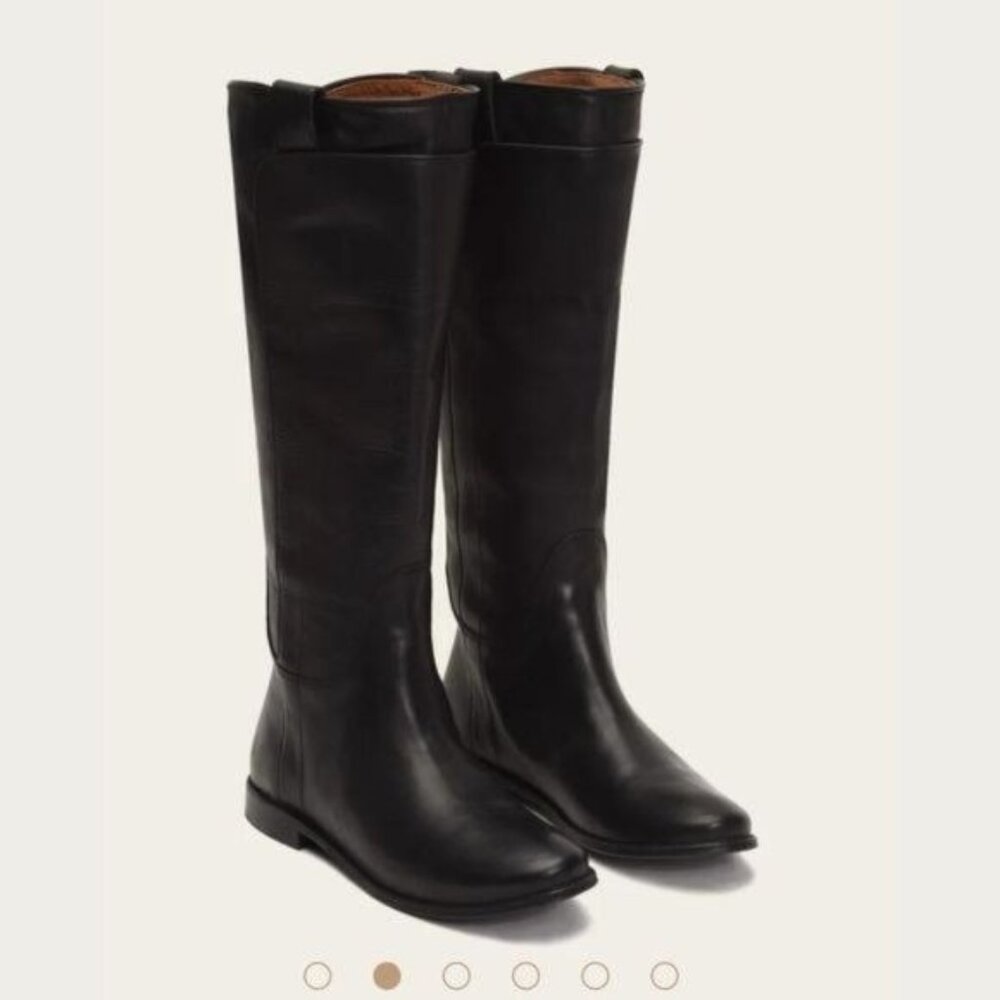 Frye Paige tall riding boot leather layer dark brown stack heel